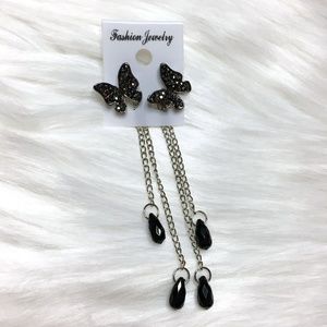 Beautiful Black Crystal Butterfly Dangle Earrings